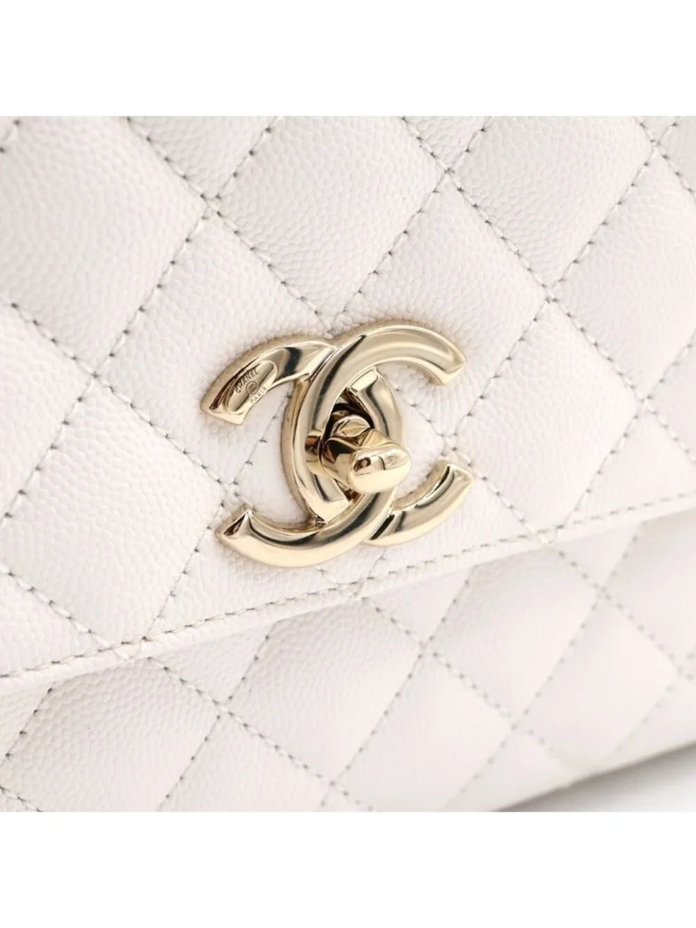 Chanel Quilted Coco Handle 29 Shoulder Bag Caviar Leather Chain Gold White Plate
